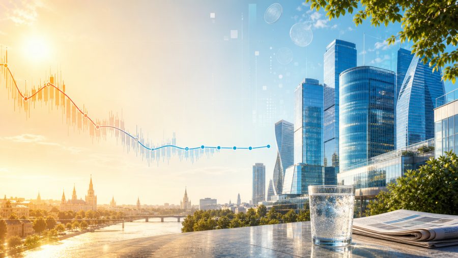 График на фоне летней Москвы и стакан с водой на столе с газетами на фоне Москва-сити
